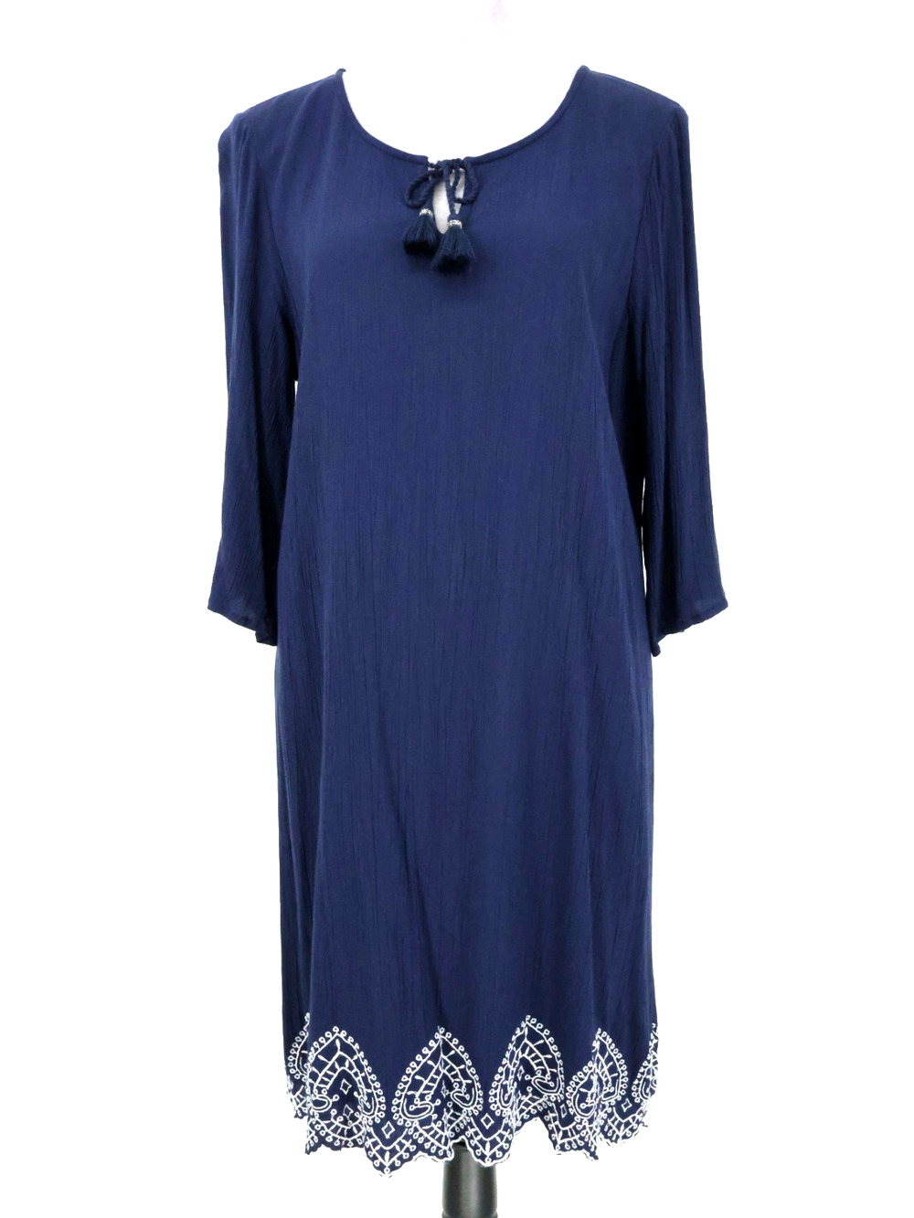 Chicos Dress 1 Womens Medium 8 Navy Blue Cotton Gauze Embroidered Hem Shift